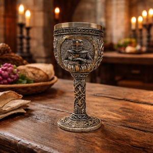 Potir decorativ medieval din metal cu model cavaler, pahar ornamental stil gotic