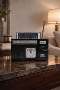 Radio retro portabil cu ceas analogic, panou solar și antenă telescopică, radio FM AM SW pentru interior și exterior