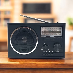radio portabil negru cu antenă telescopică și panou solar rabatabil