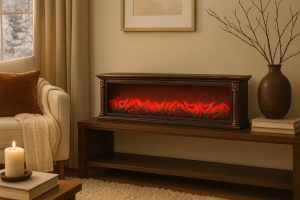 Șemineu decorativ electric cu efect de jar și flăcări, montaj pe perete sau pe suprafață plană, rama auriu vintage