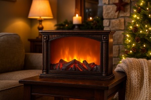 Șemineu decorativ electric cu efect de flăcări și jar, rama clasică negru-bronz, pentru decor interior