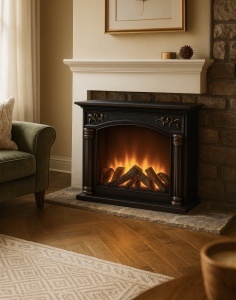 Șemineu decorativ electric cu efect de flăcări și jar, rama clasică negru-auriu, pentru decor interior
