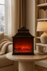 Șemineu decorativ electric cu design vintage tip lanternă, carcasă maro și efect de foc realist, ideal pentru living