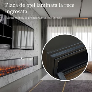 șemineu electric incorporabil modern cu flăcări 3D realiste și funcție de încălzire, finisaj minimalist, incorporabil , cu telecomanda