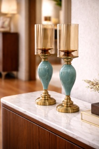 Set sfesnice elegante cu picior turcoaz si finisaj auriu