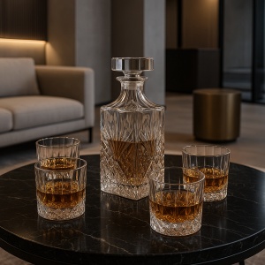 set de whisky din sticlă transparentă, format dintr-o carafă elegantă cu dop și patru pahare gravate
