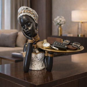 Statuetă africană decorativă cu suport, figură feminină elegantă cu tavă pentru obiecte mici, chei sau bijuterii
