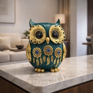 Statuetă bufniță decorativă turcoaz cu detalii aurii și ochi mari, simbol al înțelepciunii și protecției