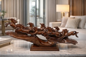Statuetă decorativă cu șapte cai în galop, simbol Feng Shui al succesului și prosperității