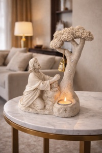 Statueta religioasa cu Iisus rugandu-se langa copac cu suport lumanare, decor crestin spiritual