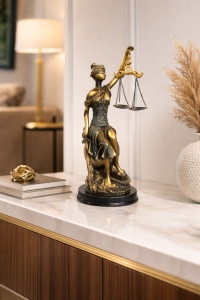 Statuetă Doamna Justiție șezând, cu sabie și balanță, finisaj auriu