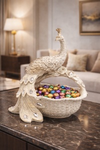 Statueta paun decorativ cu bol pentru fructe sau dulciuri