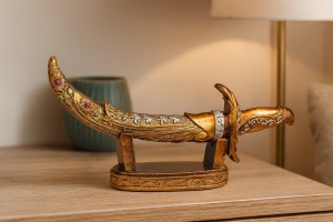 Pumnal decorativ oriental auriu, cu detalii argintii și pietre colorate, pe suport elegant