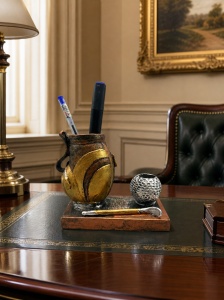 Suport decorativ pentru pixuri cu tema golf, accesoriu elegant pentru birou