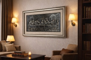 Tablou Cina cea de Taină în relief argintiu cu ramă decorativă, decor religios pentru perete