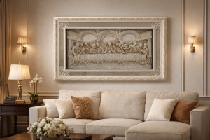 Tablou decorativ Cina cea de Taină cu ramă crem și contur din oglindă, decor religios pentru interior.