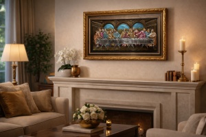 tablou color relief reprezentând Cina cea de Taină, cu ramă aurie decorativă și fundal color