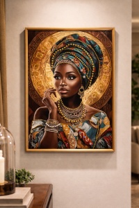 Tablou cu femeie africana purtand turban colorat si accesorii aurii, decor modern pentru living