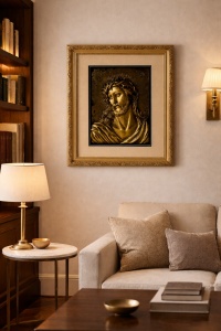 Tablou cu Iisus Hristos în relief auriu, cu ramă decorativă aurie, decor religios pentru perete