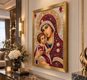 Tablou Maica Domnului cu Pruncul Iisus Hristos cu Pietricele 60x40cm - Gold - Img 3
