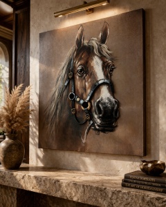 Tablou canvas cu portret de cal maro, pictură realistă în tonuri calde