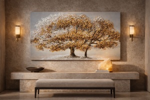 Tablou panoramic cu copac auriu in peisaj deschis, pictura decorativa pe panza
