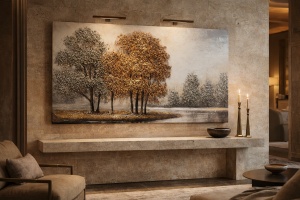 Tablou decorativ panoramic cu peisaj natural, copaci aurii și lac