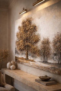 Tablou decorativ cu copac central și peisaj natural în tonuri calde