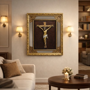 Tablou religios cu Iisus Hristos pe cruce, decor crestin cu rama aurie ornamentala