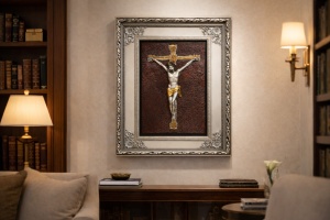 Tablou religios cu Iisus Hristos rastignit pe cruce, decor crestin in rama eleganta argintie inconjurata de oglinda