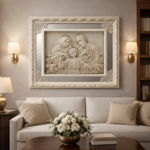 Tablou Sfânta Familie cu ramă ornamentată crem și contur din oglindă, decor religios pentru interior
