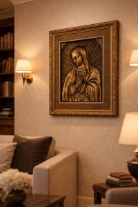 tablou religios cu Sfânta Maria în relief auriu, încadrat într-o ramă elegantă aurie cu detalii decorative