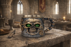 Halba decorativa craniu cu ochi verzi cana stil gothic steampunk