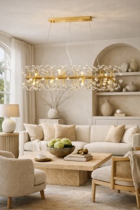 Candelabru modern rectangular auriu cu cristale decorative, design tip flori și suspendare reglabilă