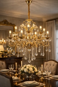 Candelabru Clasic cu 12 Brate Decor cu Cristale Finisaj Auriu Lucios - "Rinenos"