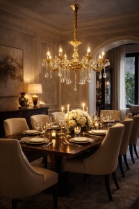 Candelabru auriu elegant cu 6 brațe și cristale, ideal pentru a aduce un plus de rafinament și lumină în orice încăpere