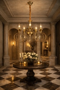 Candelabru clasic auriu cu brațe curbate și elemente decorative, ideal pentru living elegant