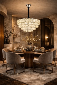Candelabru modern cu cristale în trepte, perfect pentru living, oferă eleganță și lumină spectaculoasă.