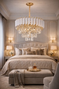 Lustra luxoasa cu cristale si finisaj auriu design elegant pentru living