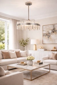 Candelabru modern argintiu cu cristale transparente verticale și design elegant suspendat