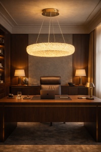 Lustră modernă LED aurie cu design circular decorativ, suspendată deasupra unei canapele crem într-un living elegant minimalist