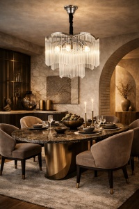 Candelabru mare cu cristale în cascadă, design luxos pentru living