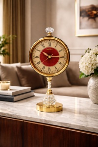 Ceas de masă elegant auriu cu bază cristal și cadran roșu decorativ
