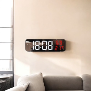 Ceas digital cu afișaj LED și ecran cu efect de oglindă, temperatură și umiditate, pentru masă sau perete, design modern