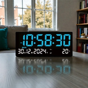 Ceas digital de birou cu afișaj LED mare, culoare albastra, oră, dată și temperatură, design modern pentru interior