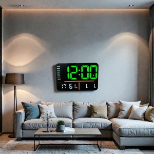 Ceas digital cu afișaj LED verde, Bluetooth, temperatură, umiditate și ziua săptămânii, design modern pentru interior