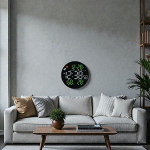 Ceas digital rotund cu afișaj LED, temperatură, umiditate, dată și prognoză meteo, design modern pentru interior.