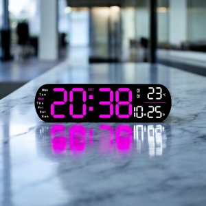 Ceas digital cu afișaj LED mov, lumină reglabilă în partea inferioară, telecomandă, temperatură și dată, pentru perete sau masă