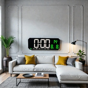 Ceas digital cu afișaj LED și colțuri teșite, temperatură, dată și ziua săptămânii, design modern pentru interior