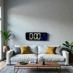 Ceas digital cu afișaj LED și colțuri teșite, temperatură, dată și ziua săptămânii, design modern pentru interior